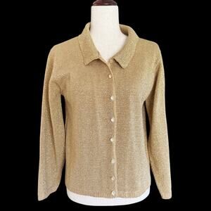 Bentley Gold‎ Cardigan Sweater Women Sz Medium Vintage Shimmer Holiday New Years